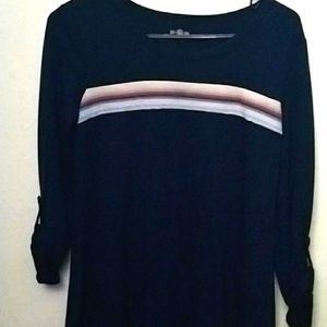 Mid Sleeve Navy Blue Dress With Colorful Stripes